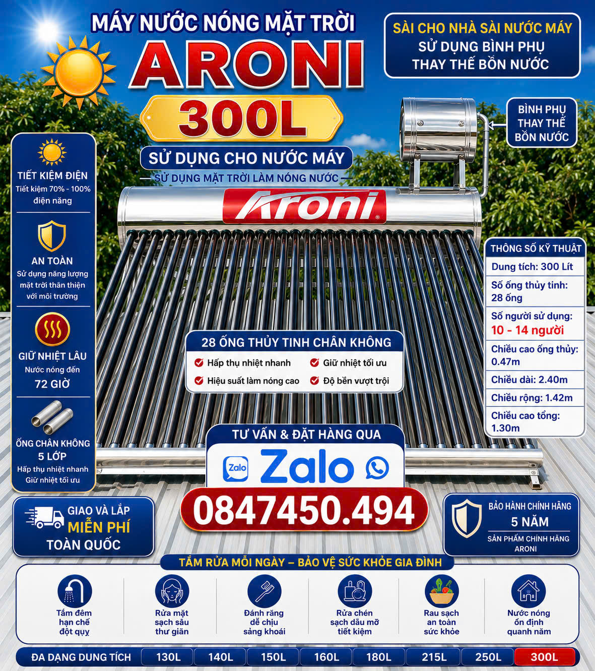 Máy nước nóng mặt trời 300L Aroni 300 lít aroni 300L tắm rửa sinh hoạt gia đình nấu ăn uống NƯỚC NÓNG CHO CẢ GIA ĐÌNH 10–14 NGƯỜI
